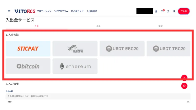 ヴィトエースカジノの入金方法